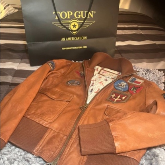 Top Gun Brown Leather Jacket with Patches light brown - Picture 1 of 5